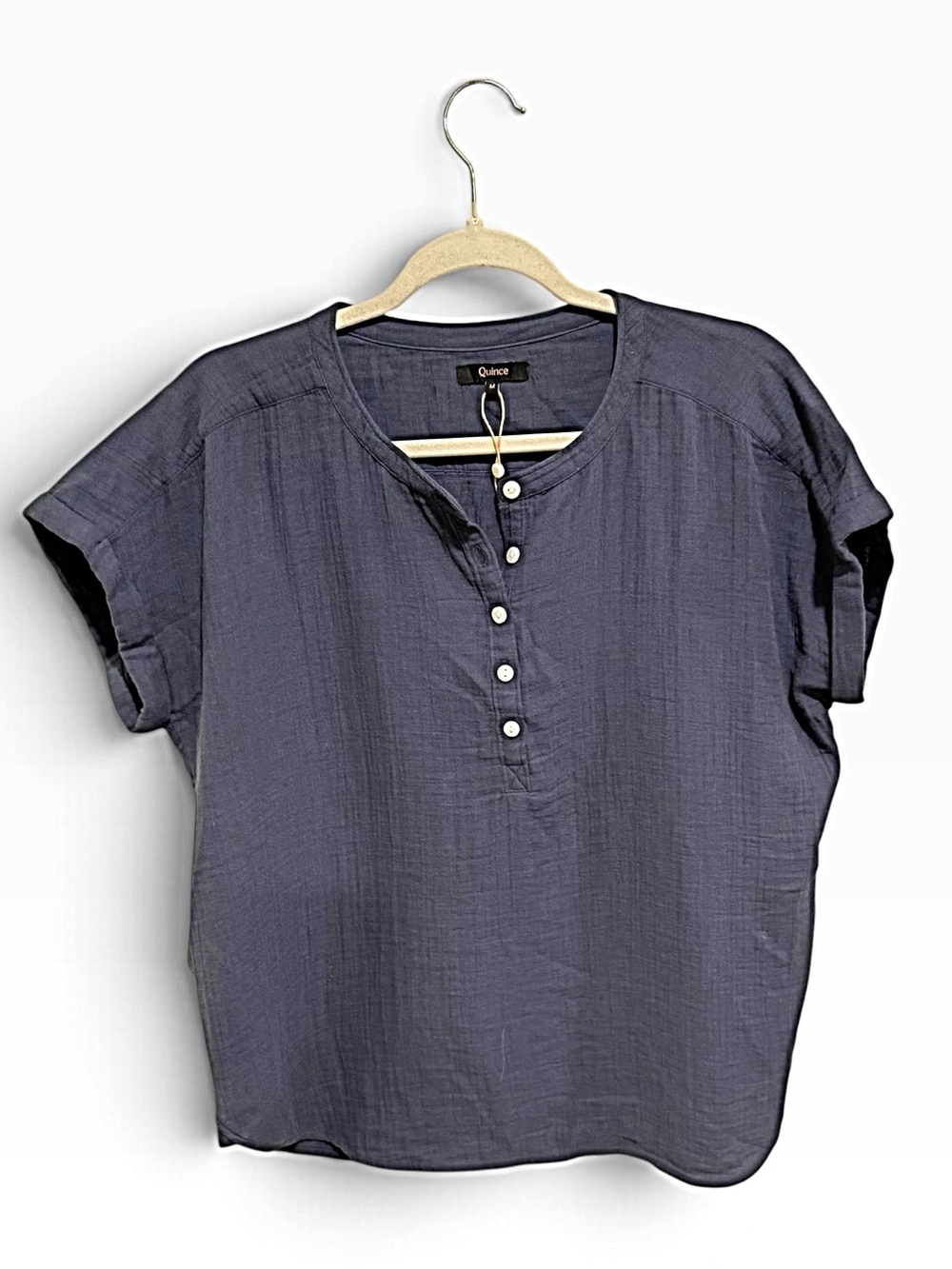 NWOT Quince Slate Blue 100% Organic Cotton Short-Sleeve Henley Button Top